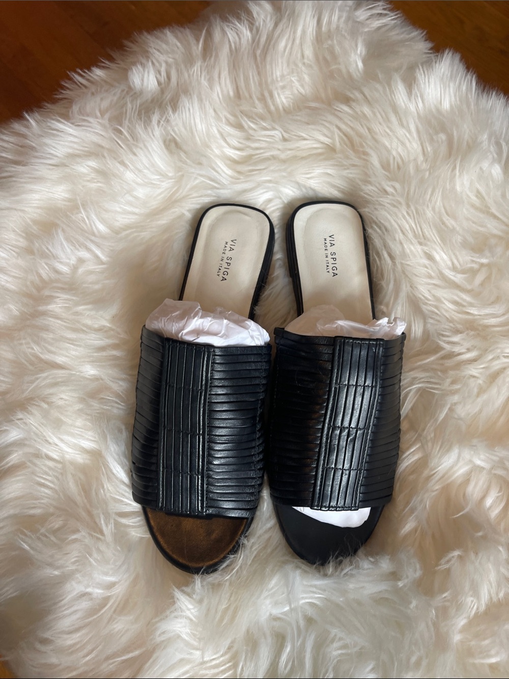 Via Spiga Black Ribbed Leather Slide Mules